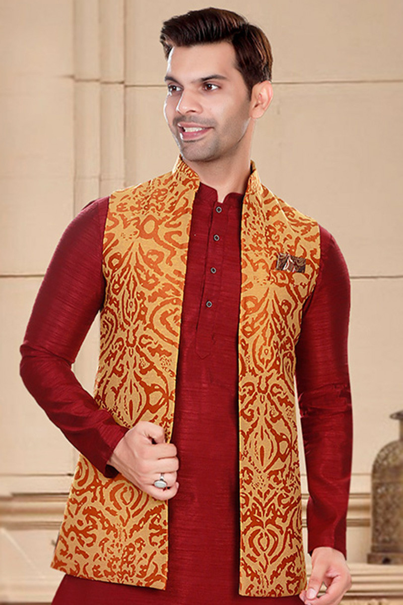 Jacquard Light Orange Weaved Thread Men s Waist Coat
