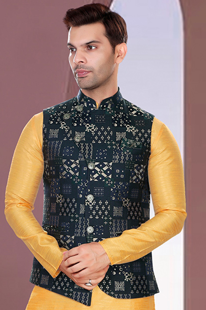 Dark Peacock Green Weaved Art Silk Men s Waist Coat MWCV0263