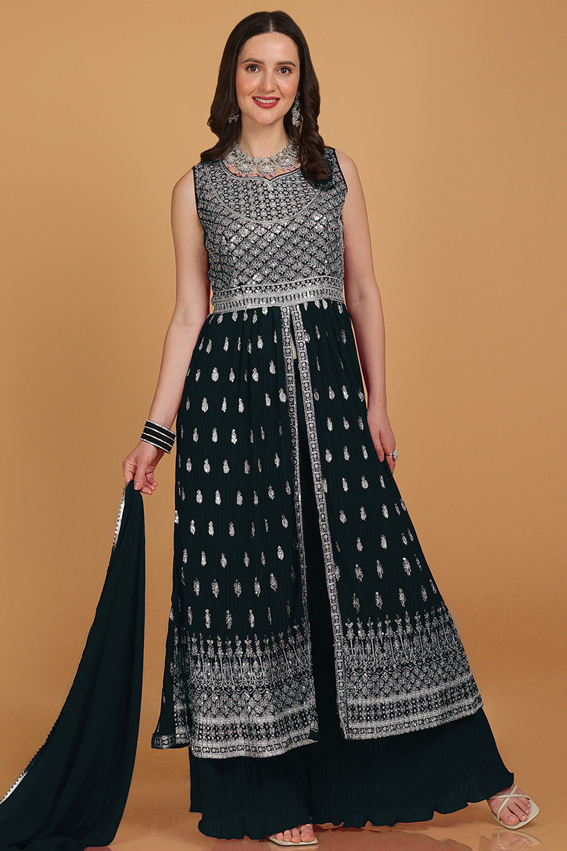 Zari Embroidered Bottle Green Georgette Flared Palazzo Suit