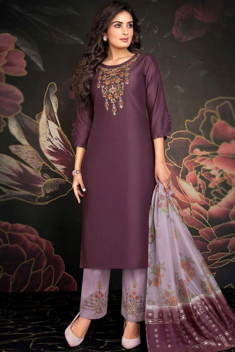 Trendy Fashion Mauve Taupe Silk Embroidered Straight Cut Suit