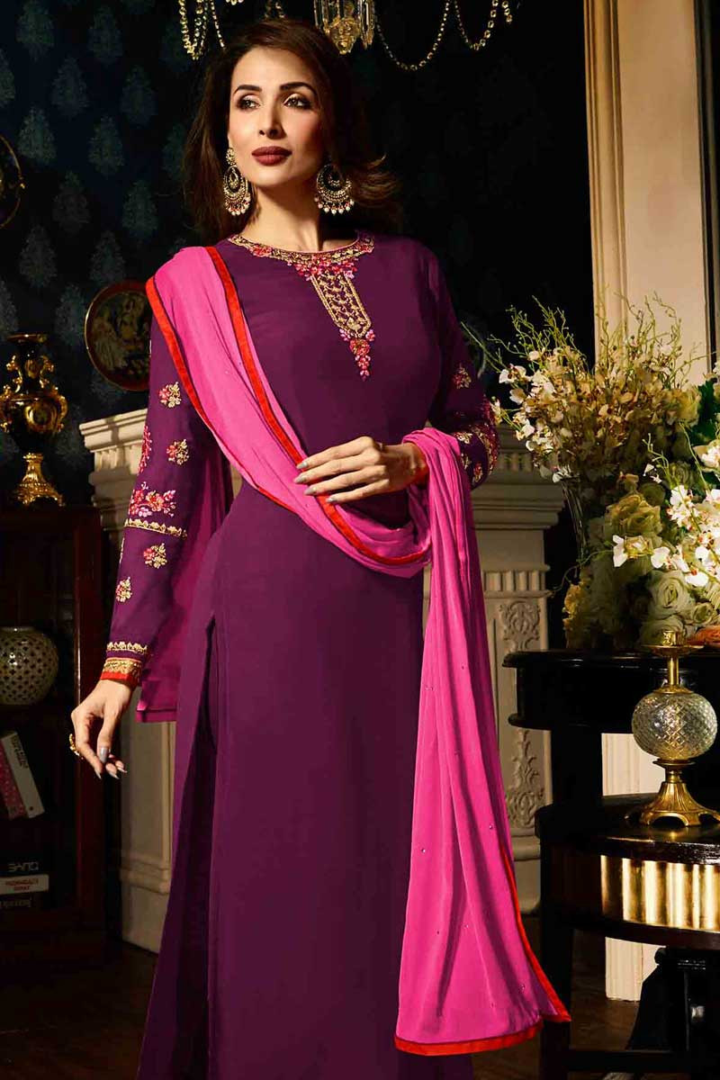 Shopping Online Resham Embroidered Sangria Purple Churidar Suit DMV12545