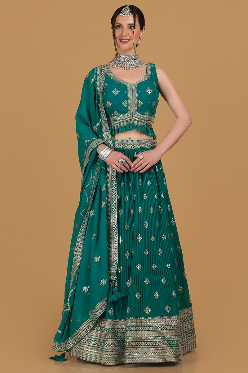 Turquoise Green Georgette Embroidered Lehenga