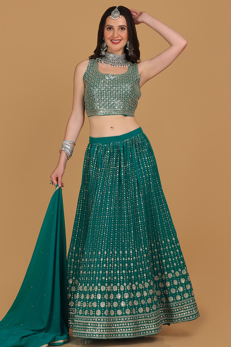 Turquoise Green Embroidered Georgette Lehenga