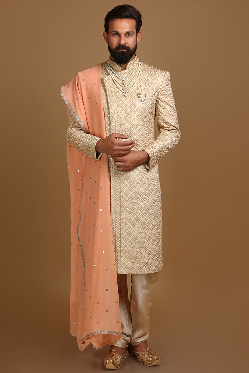 Beige Modal Satin Embroidered Men Sherwani With Dupatta