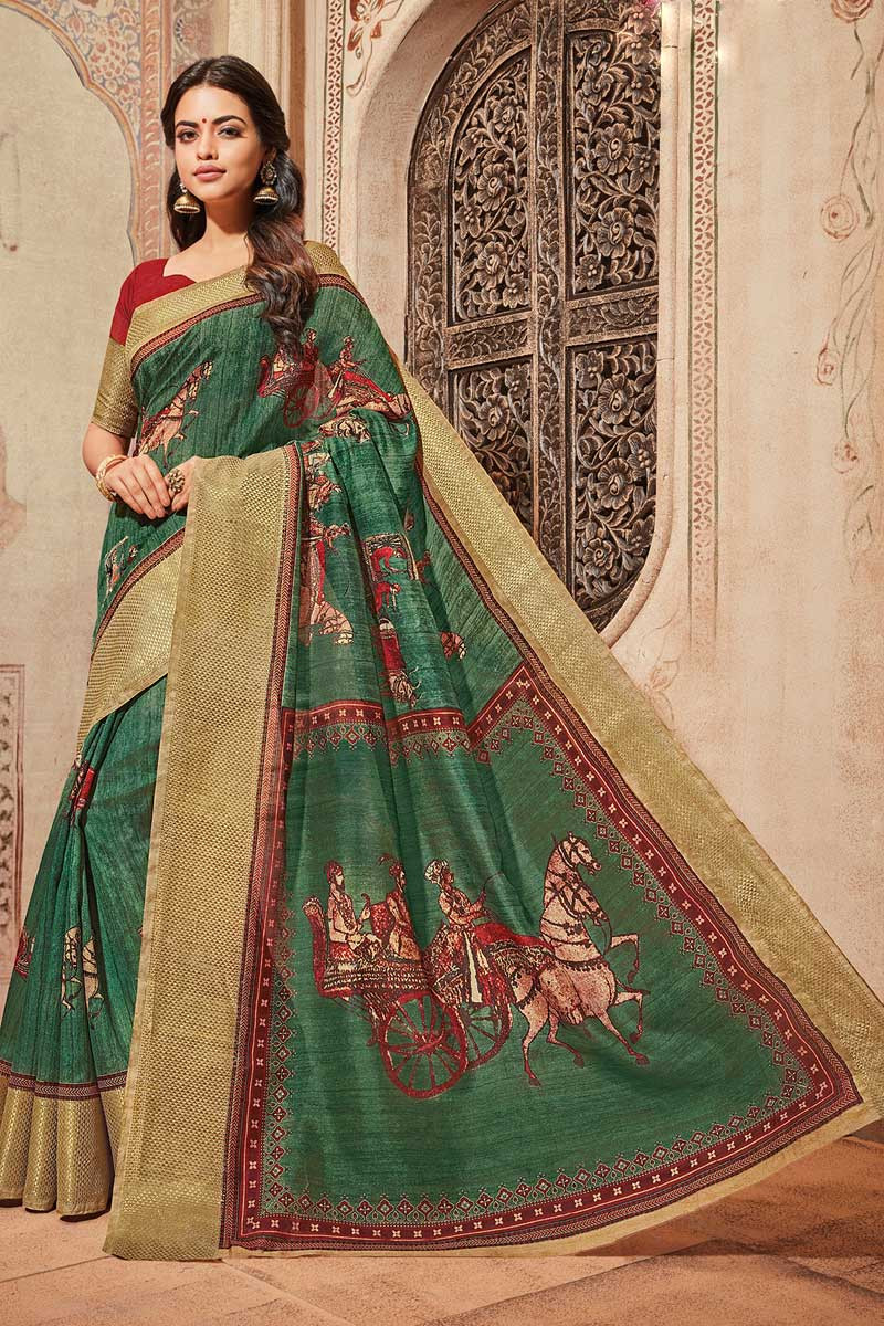 Ethnic Wears Saree Bottle Green Art Silk Indian Saree Sweet Heart Neck
