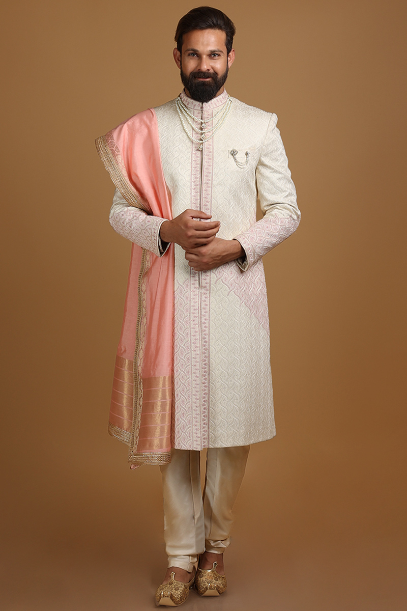 Sequins Embroidered Modal Satin Light Beige Men Sherwani With Dupatta