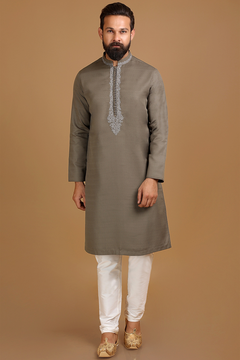 Embroidered Cotton Silk Grey Beige Men Kurta Pajama