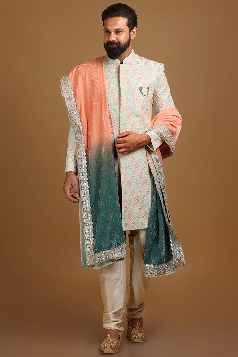 Off White Modal Satin Embroidered Men Sherwani With Dupatta