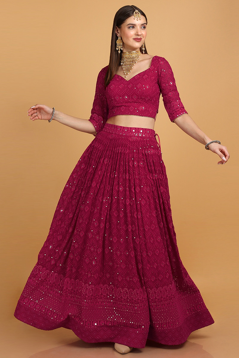 Magenta Pink Georgette Embroidered Wedding Lehenga
