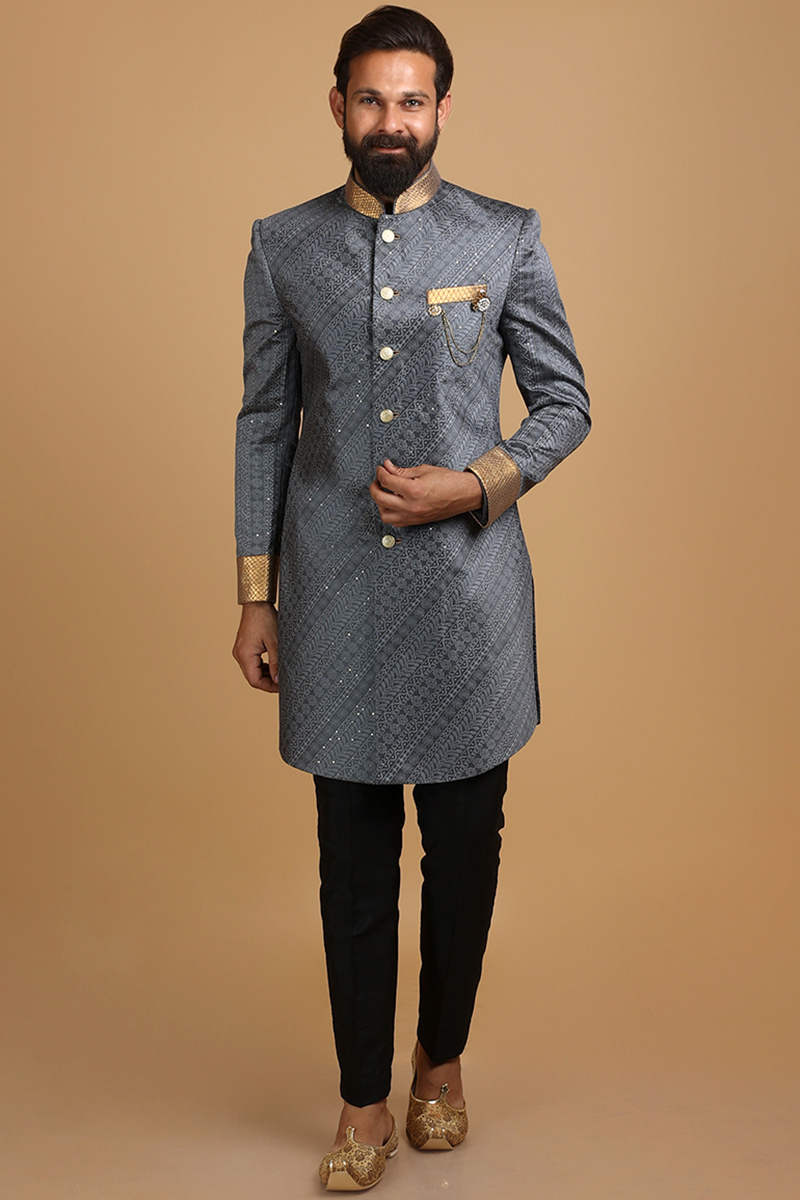Woven Jacquard Steel Grey Men Sherwani