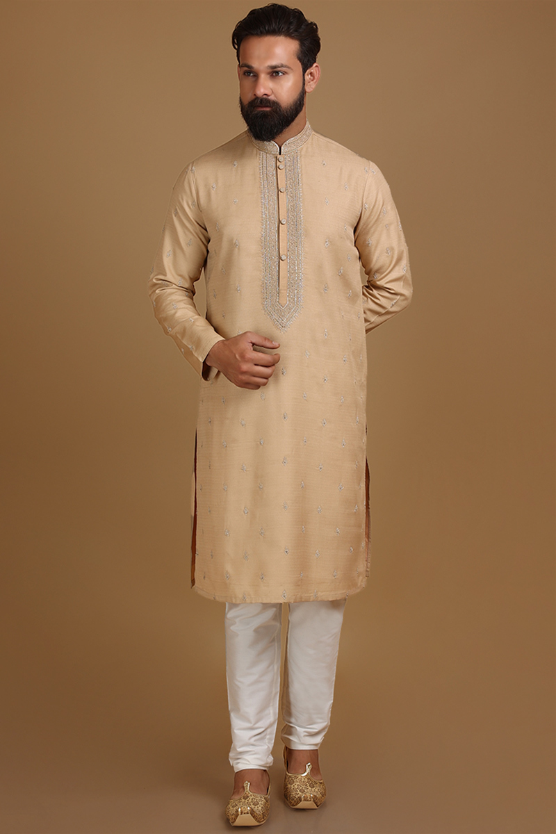 Dori Embroidered Dupion Silk Dusty Peach Men Kurta Pajama