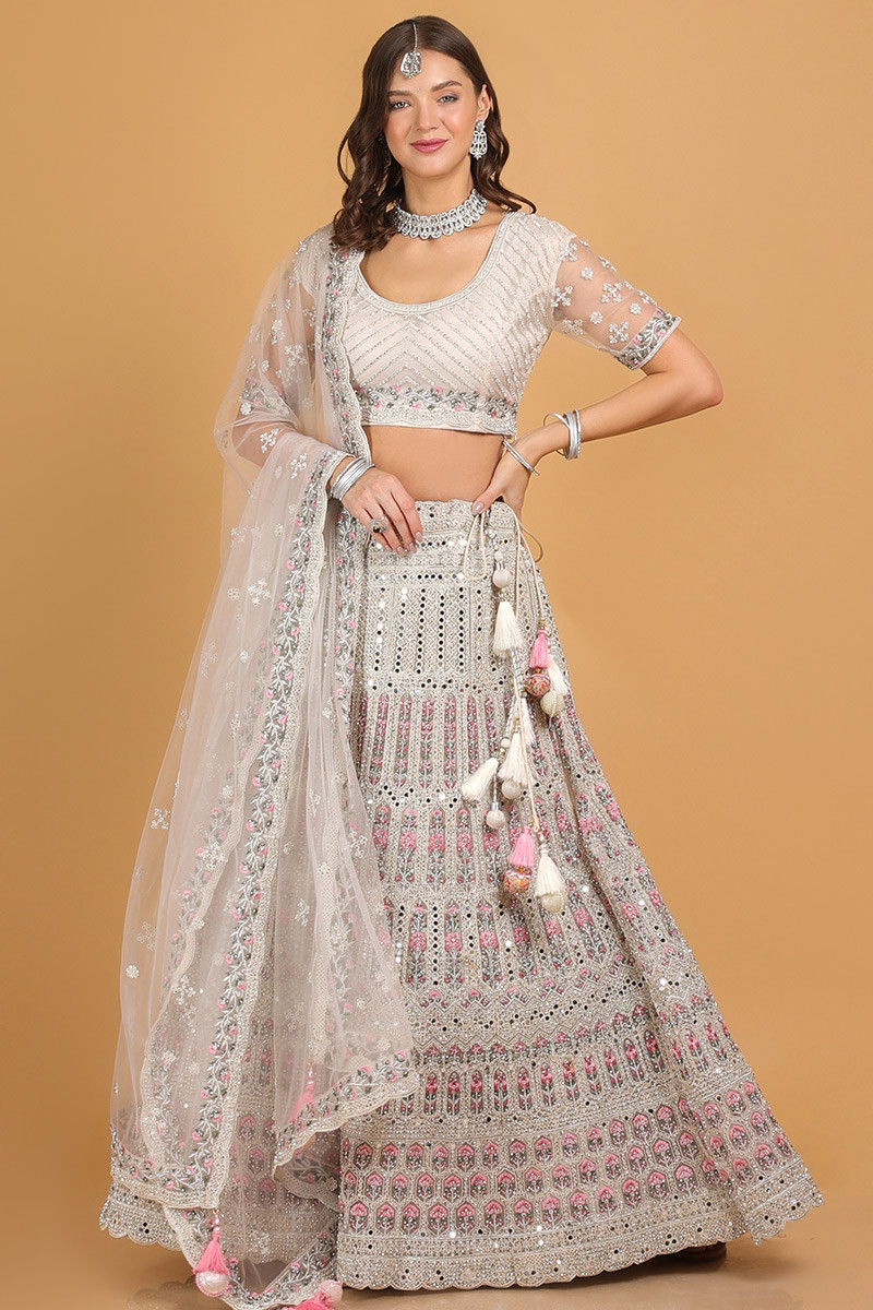 Shop Beige Net Long Choli A Line Lehenga Wedding Wear Online at Best Price  | Cbazaar