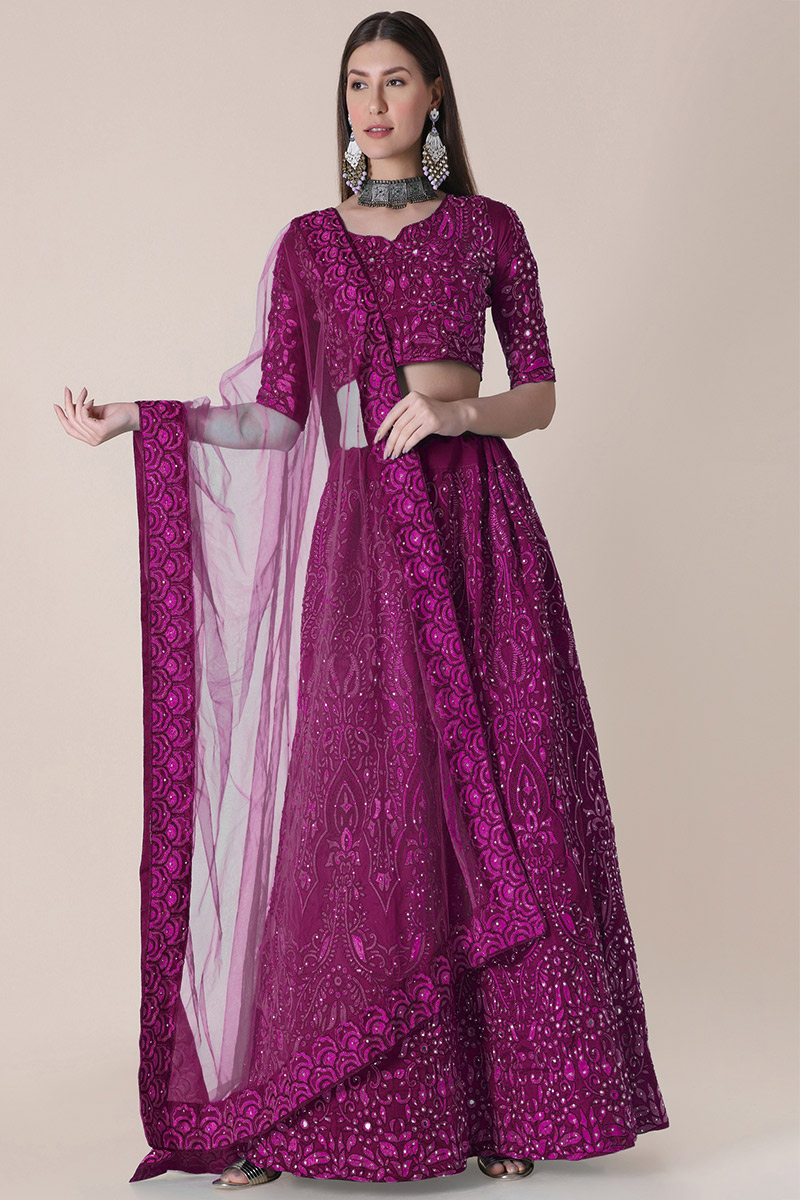 Embroidered Taffeta Silk Magenta Pink Lehenga