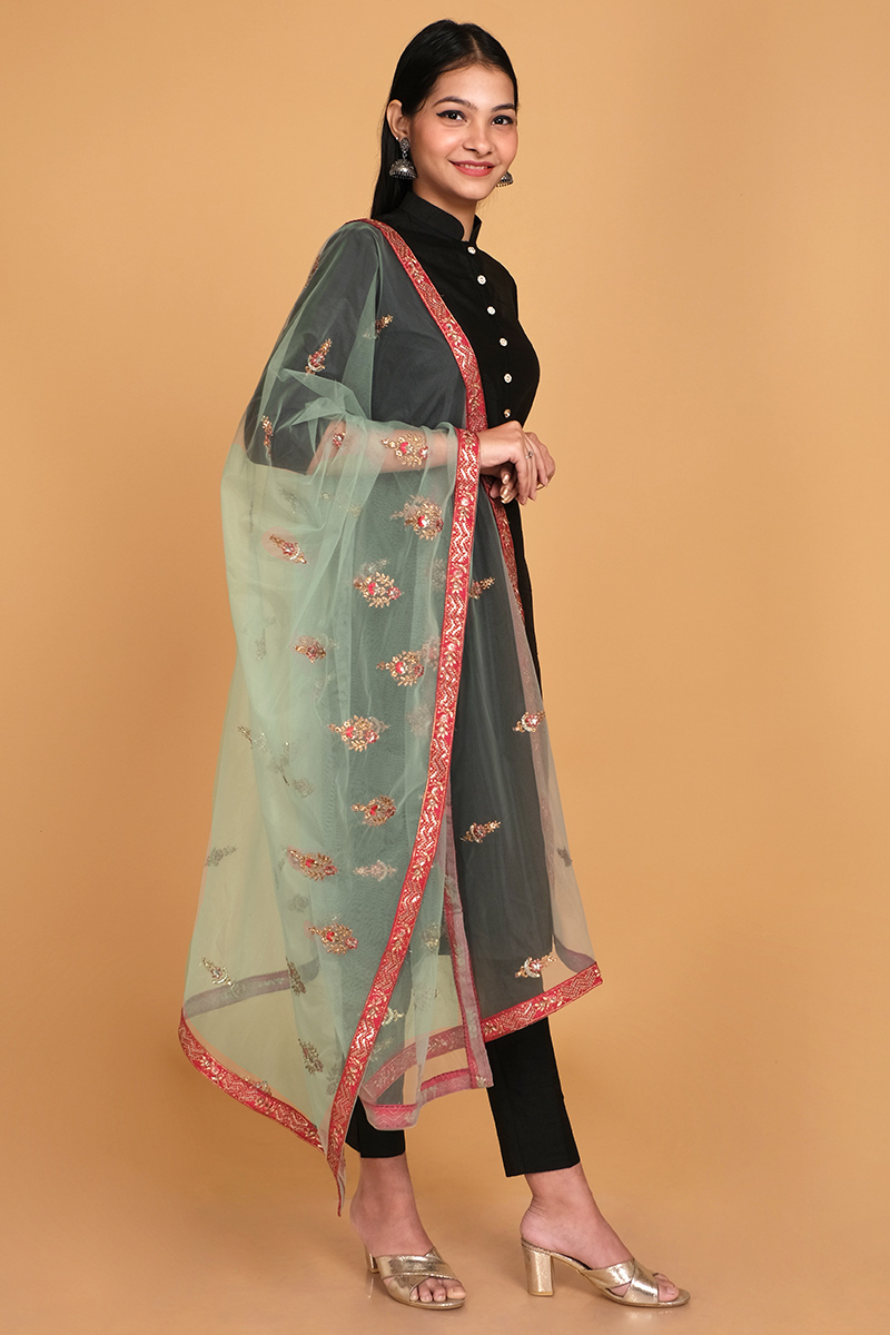 Mint Green Zari Embroidered Net Dupatta