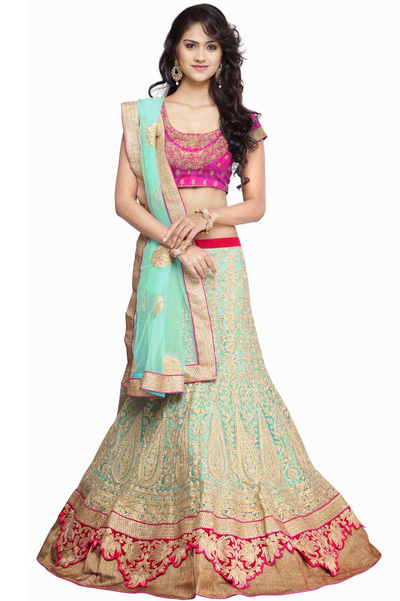 Sky Blue Net Lehenga With Pink Art Silk Choli