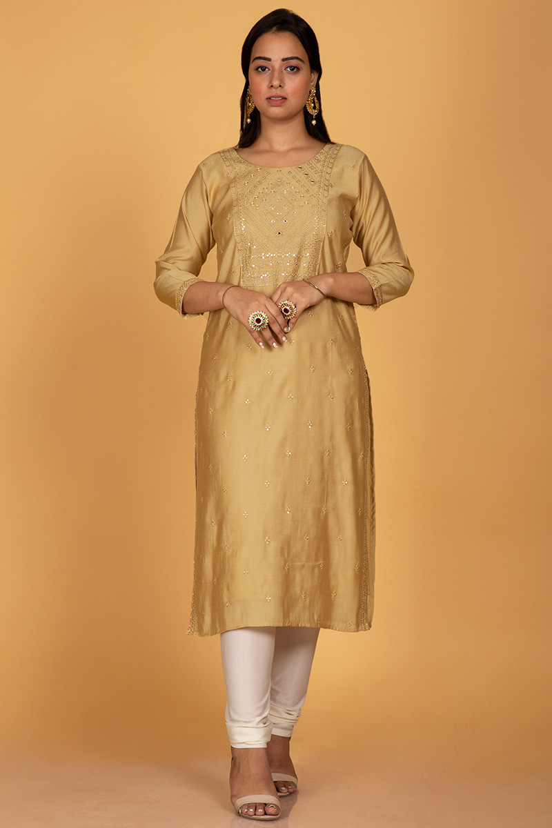 Embroidered Soft Cotton Silk Beige Churidar Suit