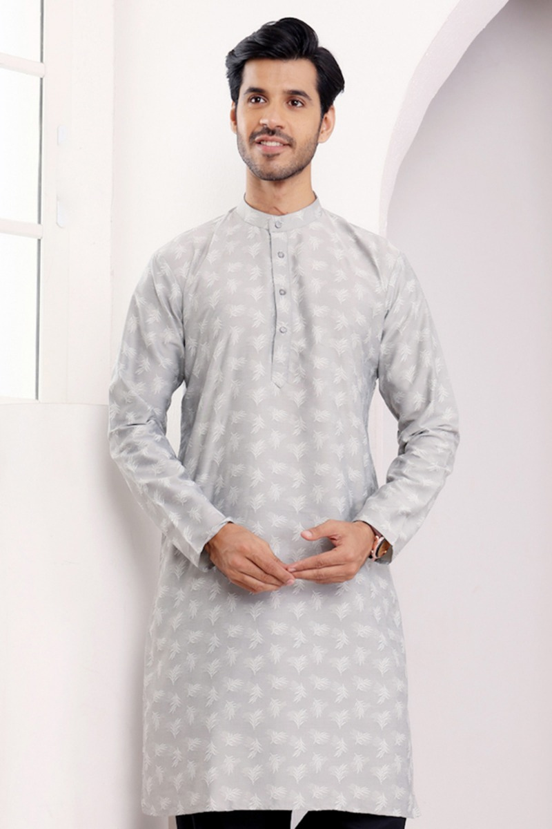 Light Grey Viscose Embroidered Straight Cut Men's Kurta