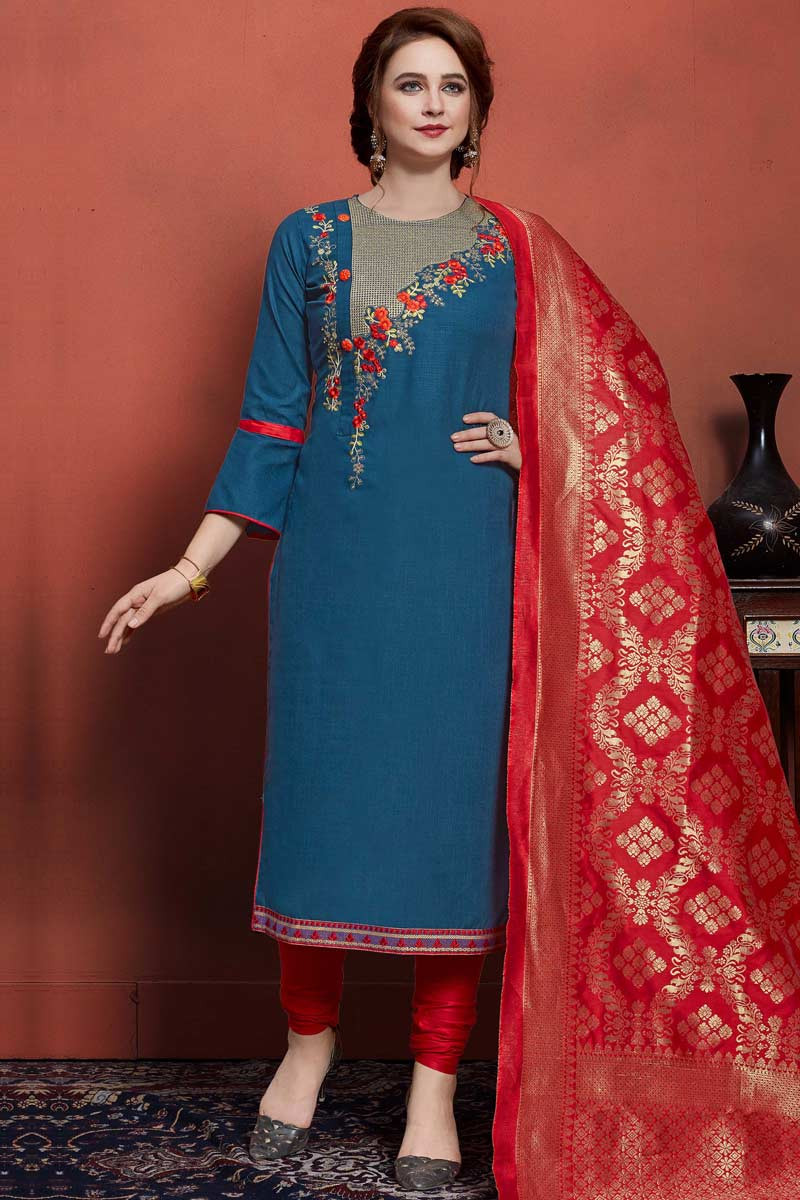 Aegean Blue Khadi Cotton Embroidered Churidar Suit