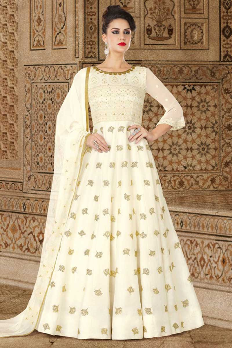Buy Dress For Prom Silk White Anarkali Suit LSTV0298