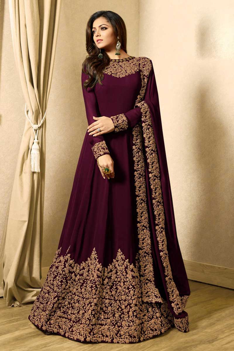 Readymade Collection Sangria Purple Anarkali Suit with Resham Work