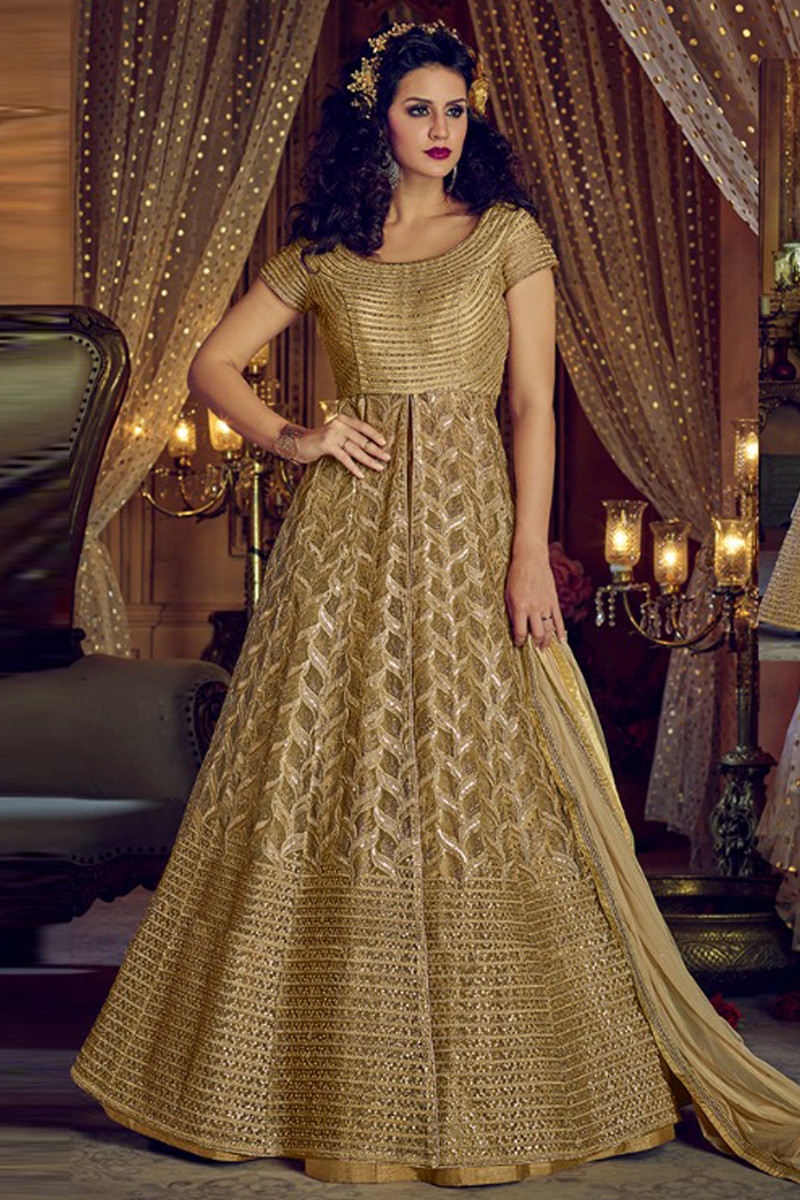 ₹2,999.00 Color: Gold Set Content: 1 Top :: 1 Bottom :: 1 Dupatta  Fabrics: Top :- Net With … | Silk georgette dress, Stylish gown, Partywear