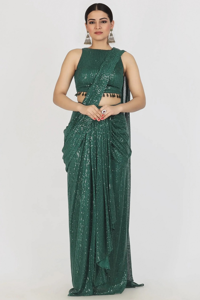 Teal Green Net Sequins Embroidered Heavy Saree 