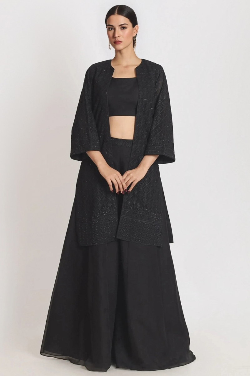 Black Organza Embroidered Jacket Style Palazzo Suit