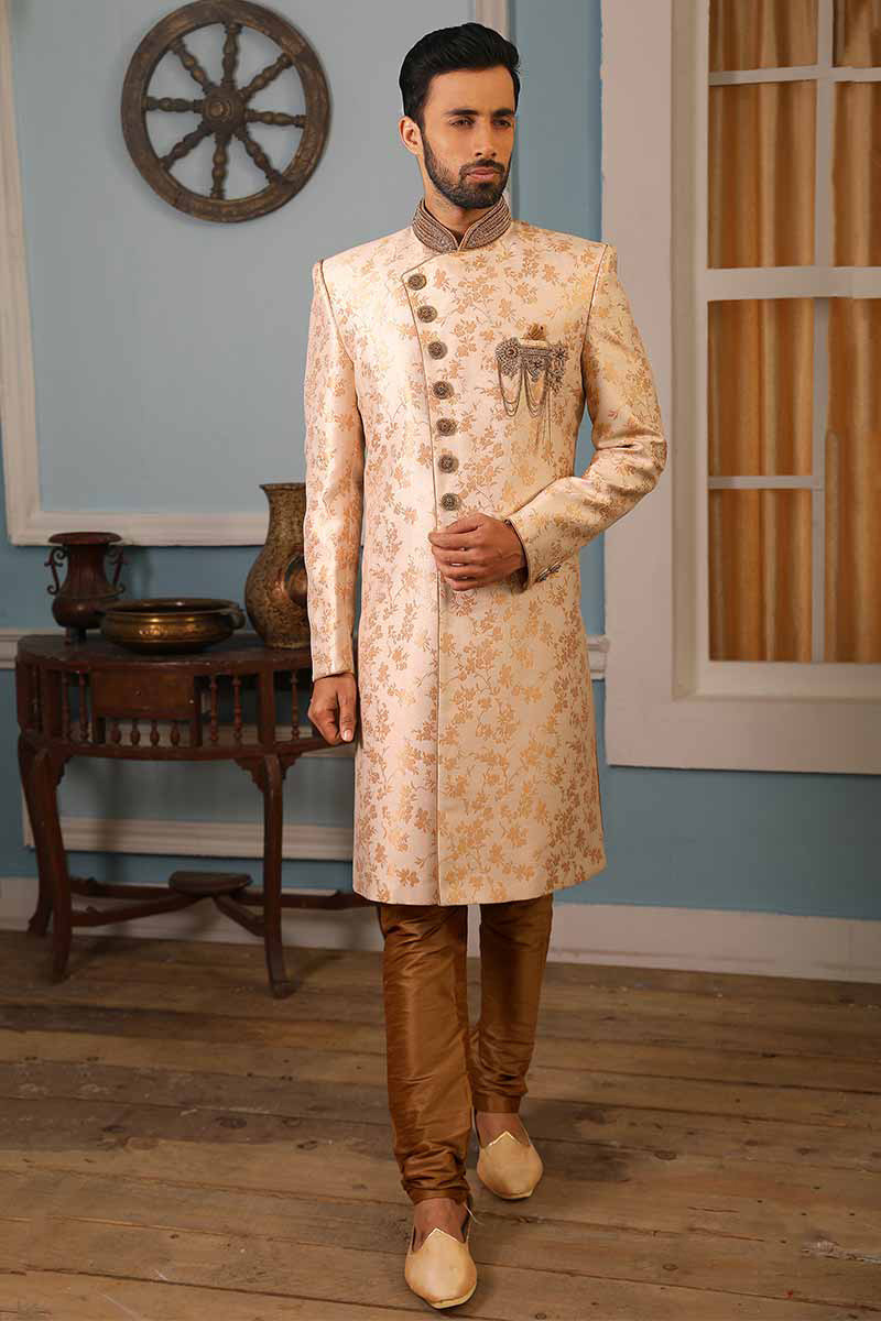 Angrakha Style Jacquard Silk Sherwani In Rose Gold Colour