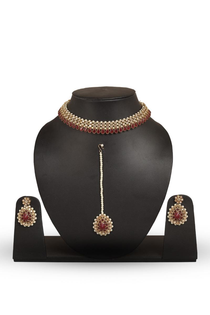 Pearl Beaded Floral Choker Set with Maroon Stone Centerpiece