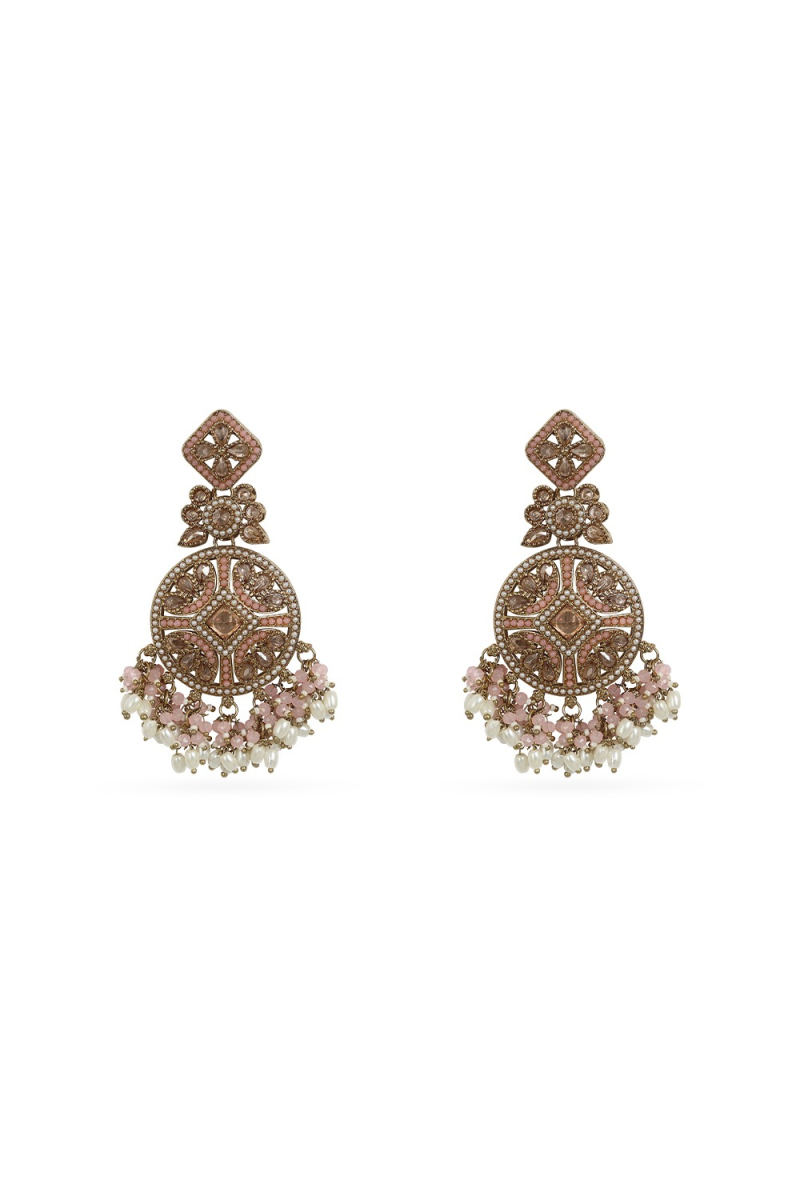 Light Pink Beaded Dangle Earrings With Gold-Plated Finish