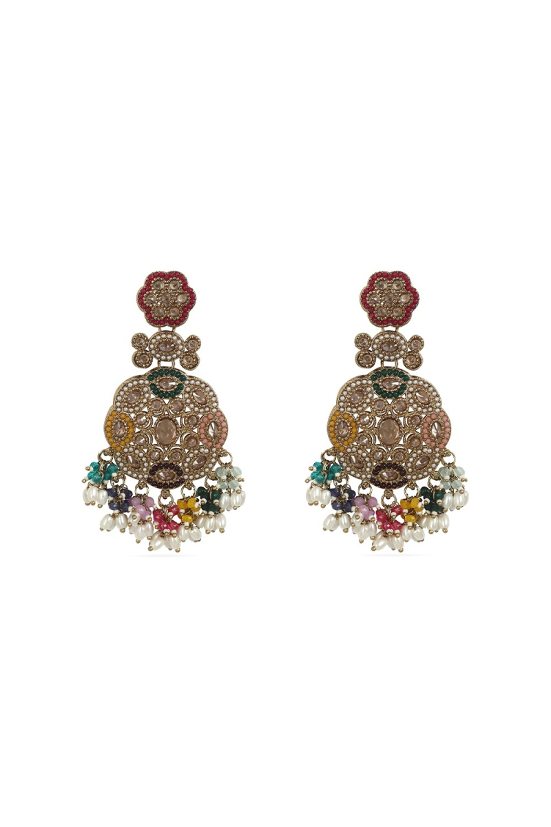 Multi Color Beaded Dangle Earrings With Gold-Plated Finish