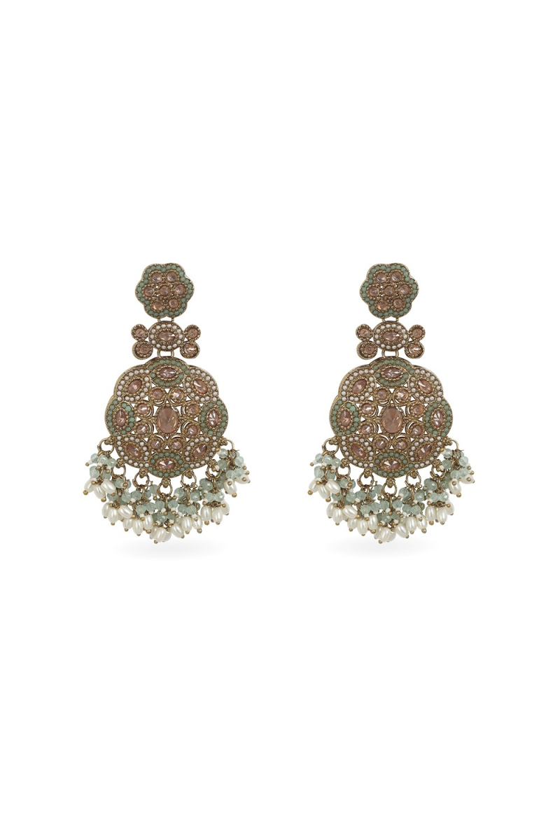 Light Green Beaded Dangle Earrings With Gold-Plated Finish