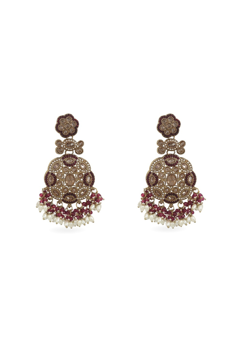 Dark Pink Beaded Dangle Cluster Earrings with Gold Plated Finish