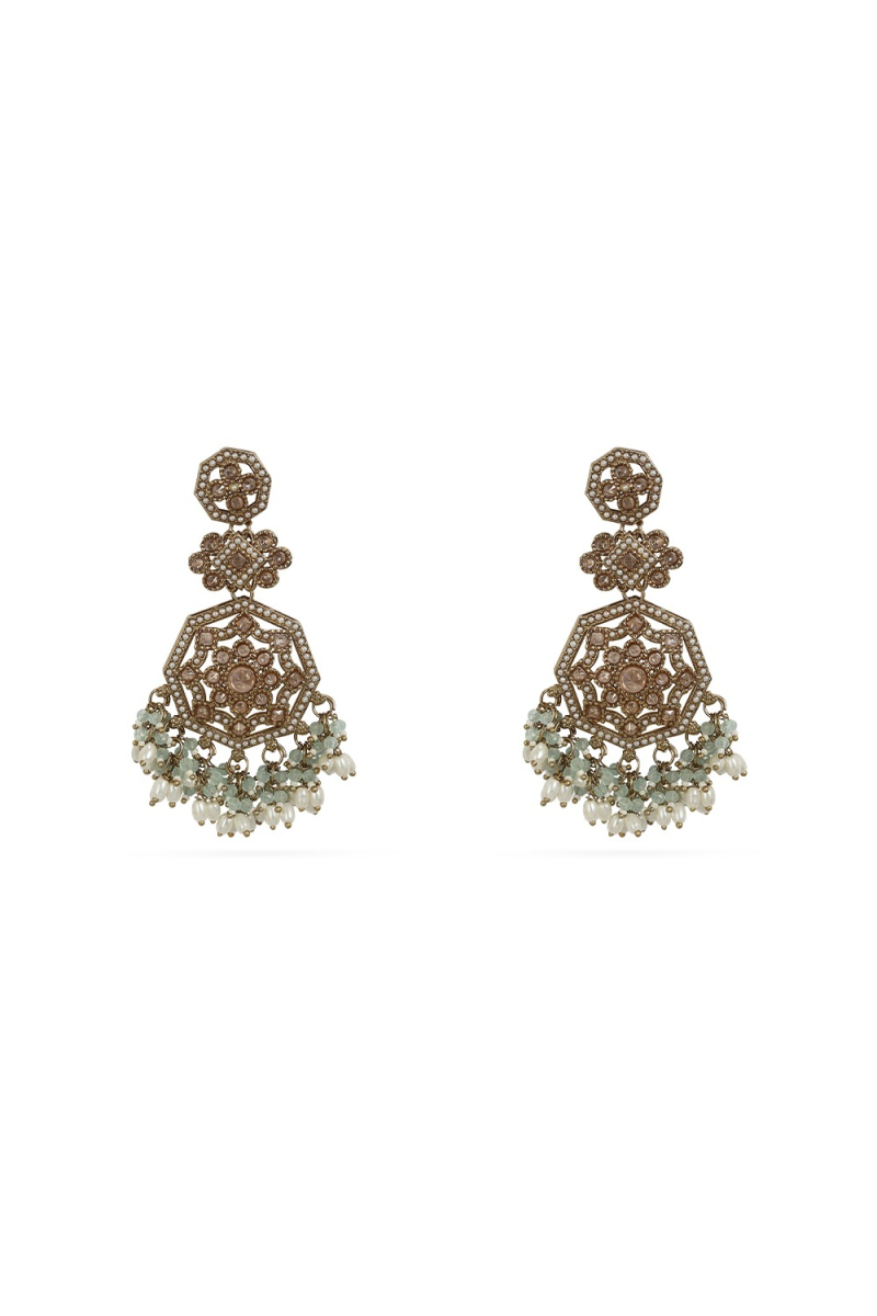 Mint Green Stone Dangle Earrings With Gold-Plated Finish