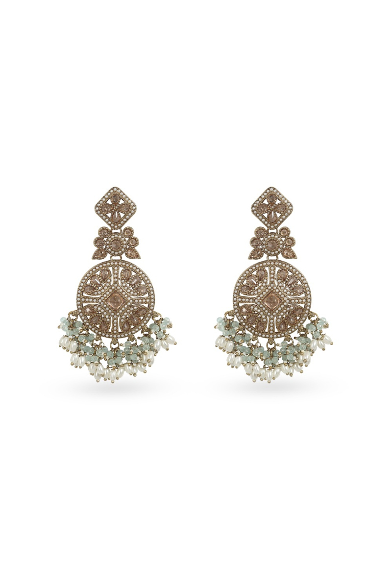 Mint Green Beaded Dangle Earrings With Gold-Plated Finish