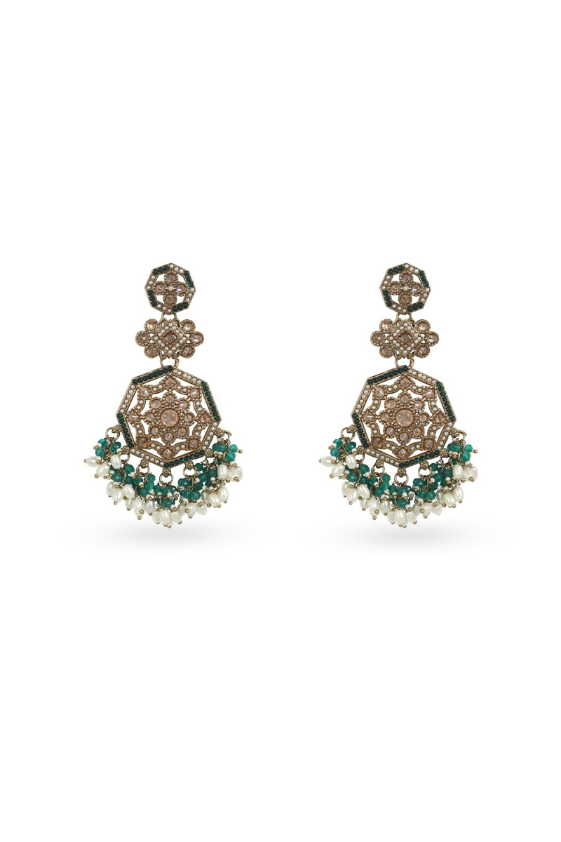Green Stone Dangle Earrings With Gold-Plated Finish