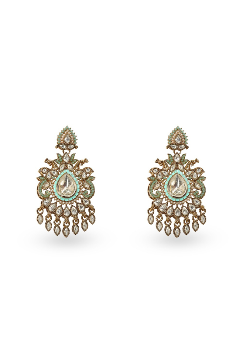 Mint Green Kundan Work Earrings with Gold-Plated Finish