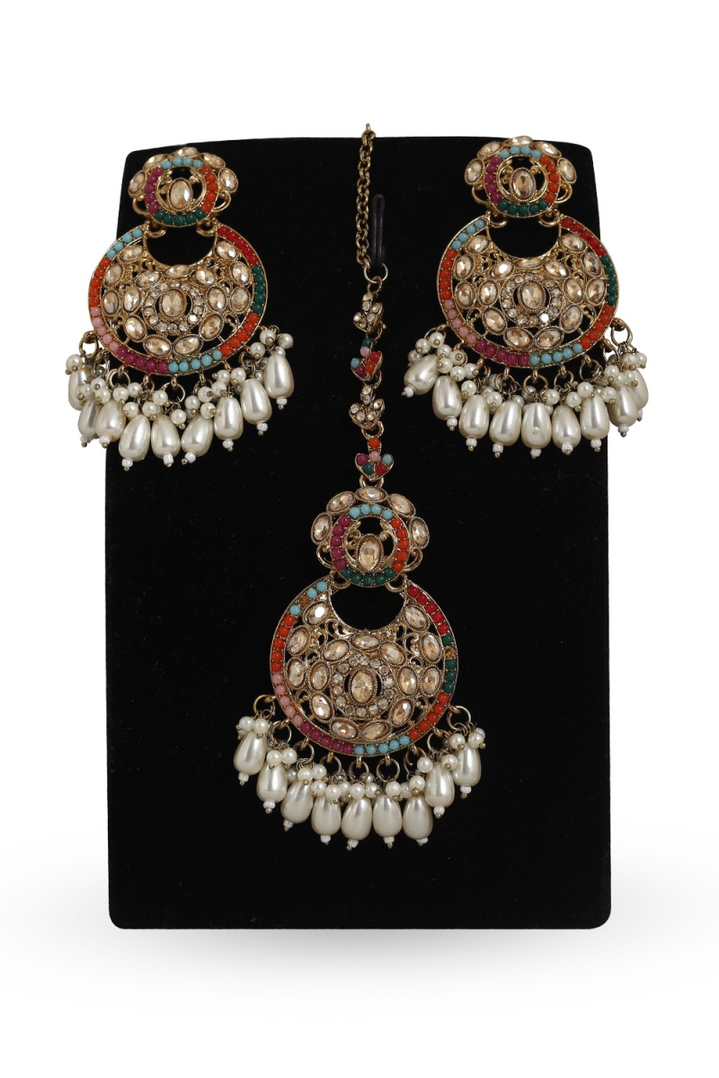 Multi Color Stone Chandbali Earrings With Tikka Jewelry