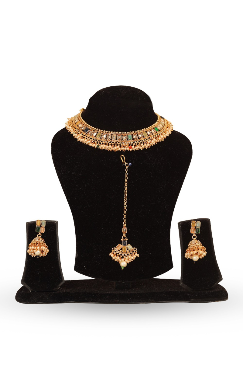 Gold Plated Kundan Choker Necklace Set with Cluster Pearl Jhumka