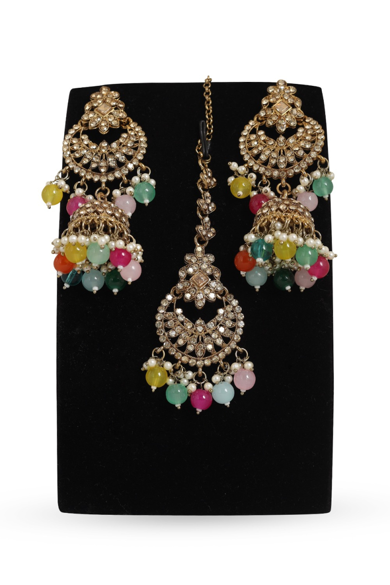 Multi Color Stone Earrings With Maang Tikka