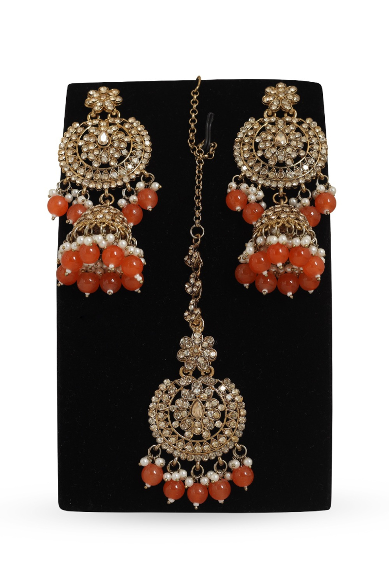 Orange Stone Jhumkas With Maang Tikka