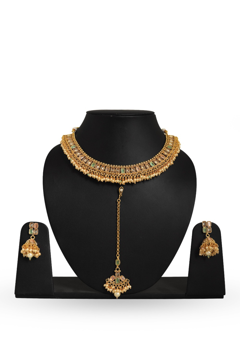Multi Color Stone Necklace And Earrings Jewellery Set