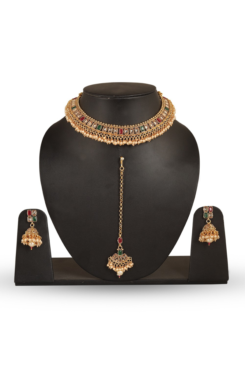 Gold Plated Temple Choker Set with Cluster Pearl Drops