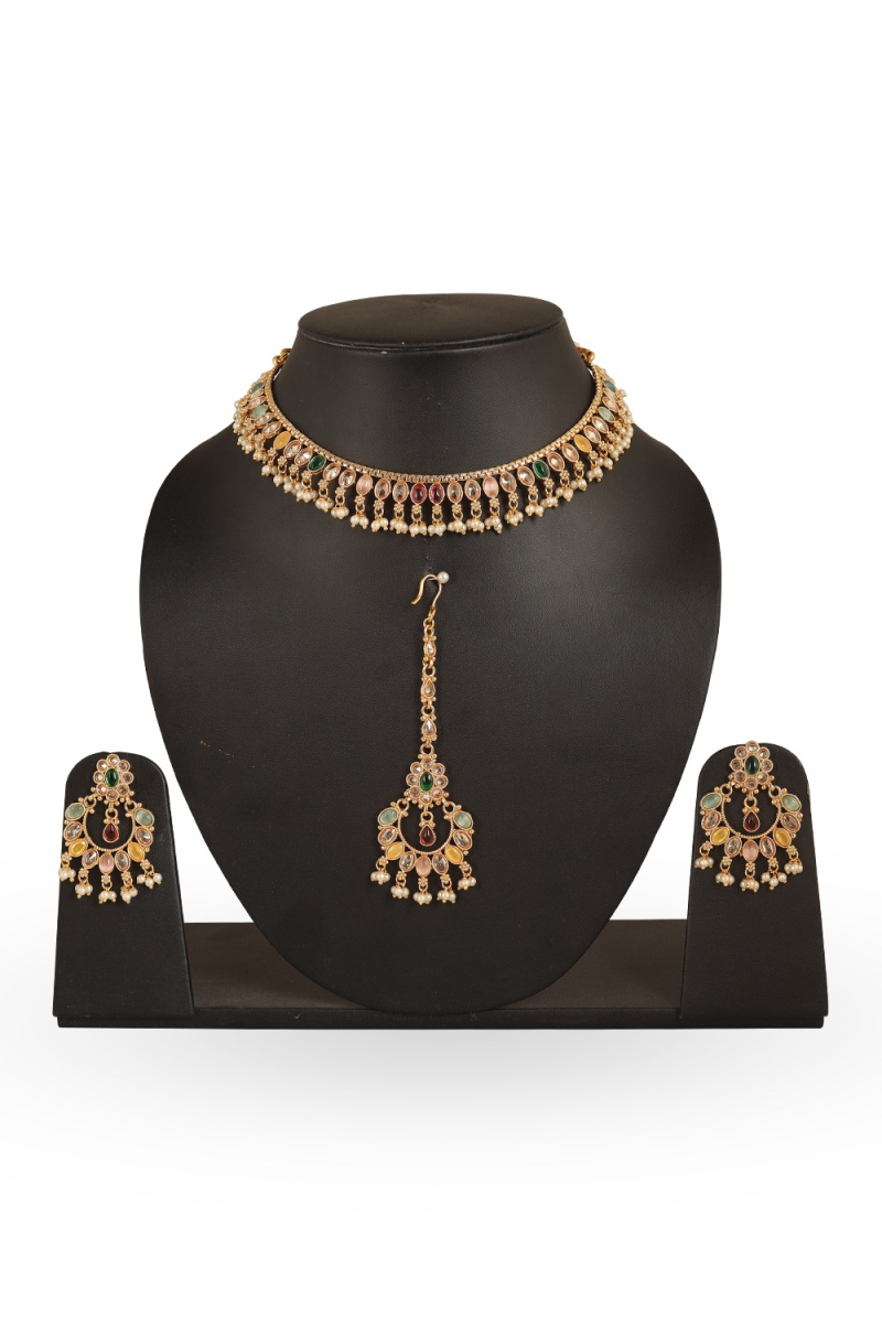 Polki Choker Set with Multicolor Stones & Chandbali Tikka