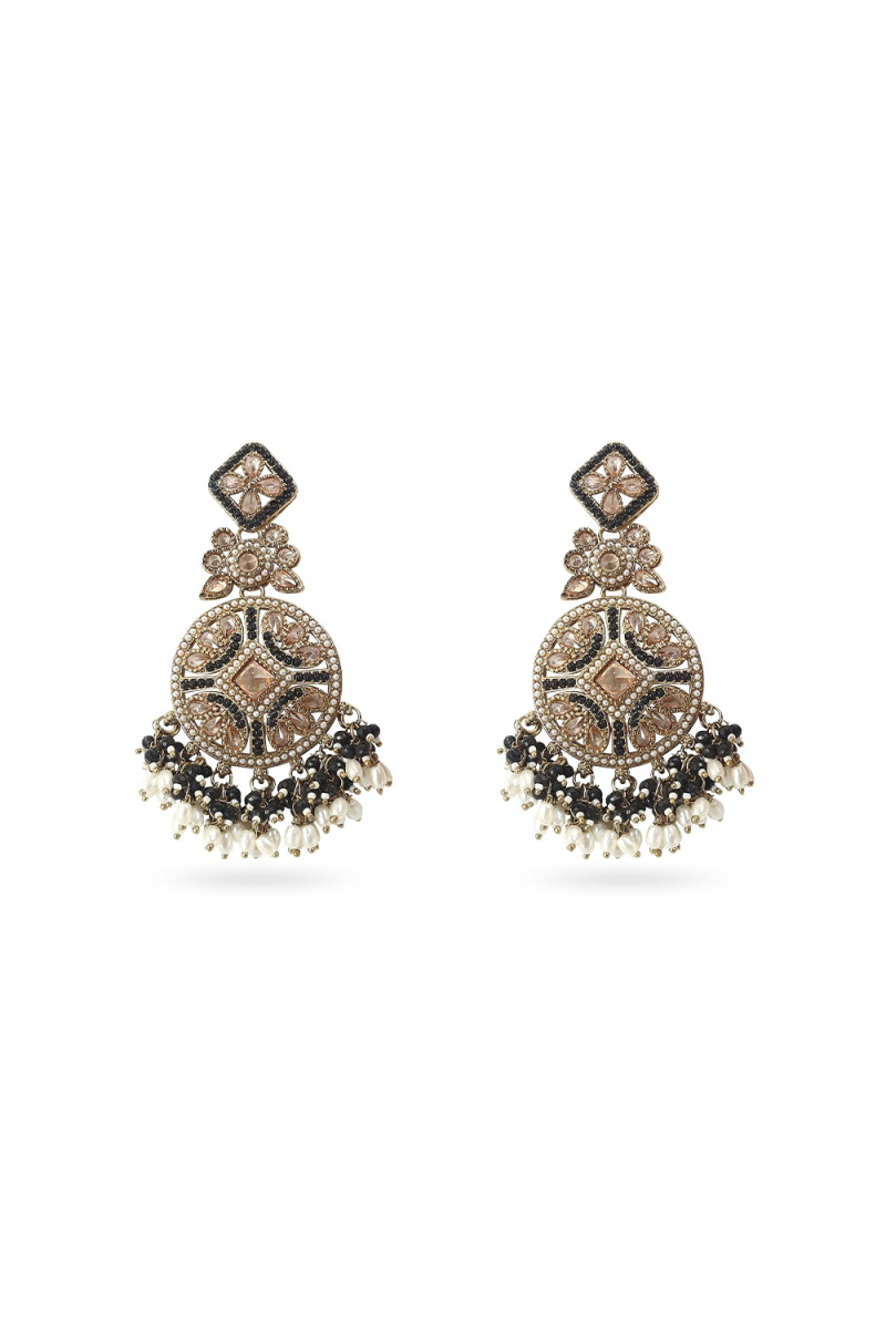 Black Beaded Dangle Earrings With Gold-Plated Finish