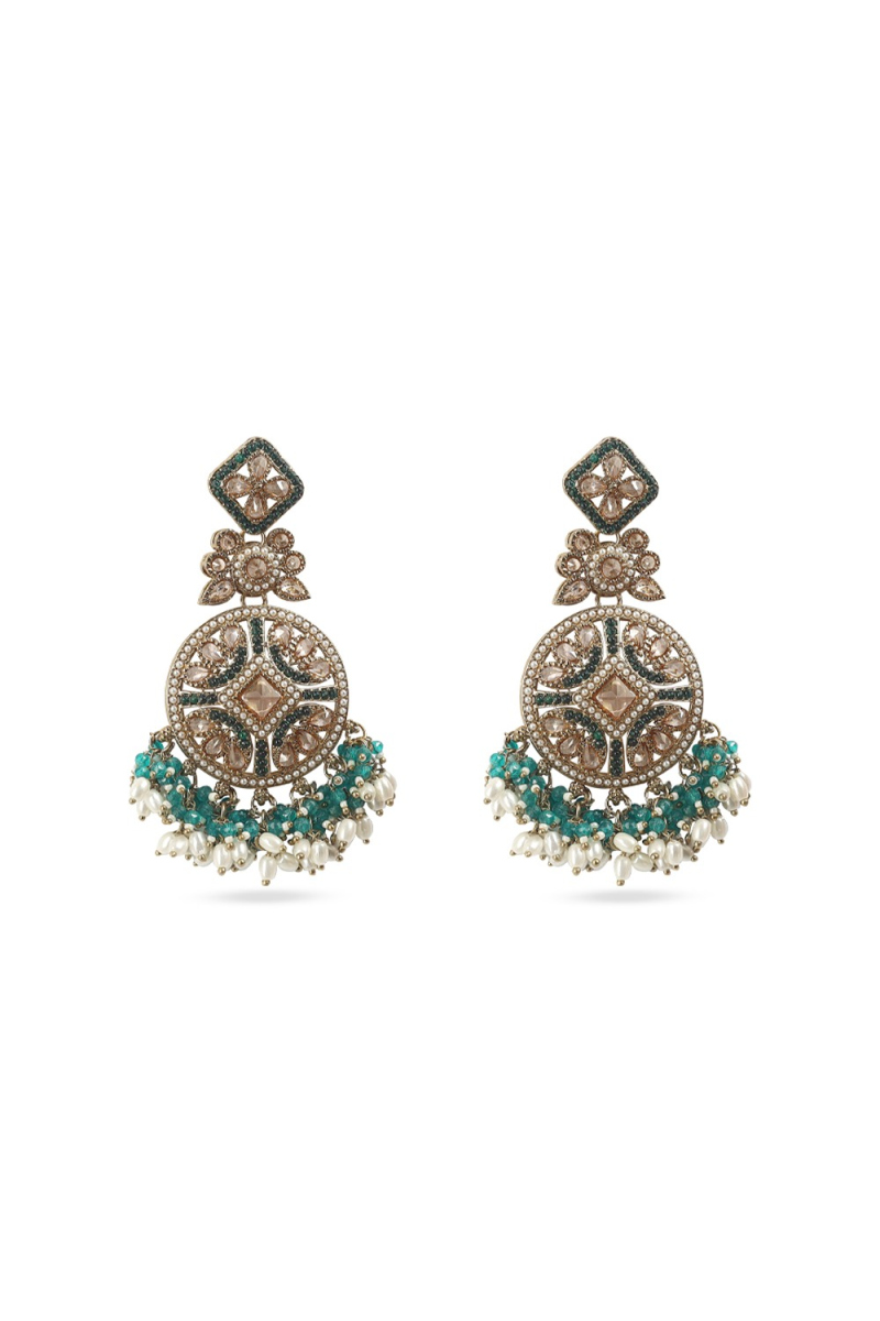 Dark Green Beaded Dangle Earrings With Gold-Plated Finish