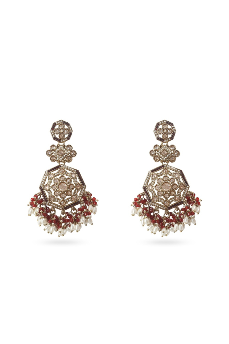 Dark Maroon Stone Dangle Earrings With Gold-Plated Finish