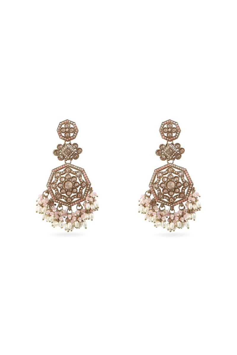 Light Pink Stone Dangle Earrings With Gold-Plated Finish
