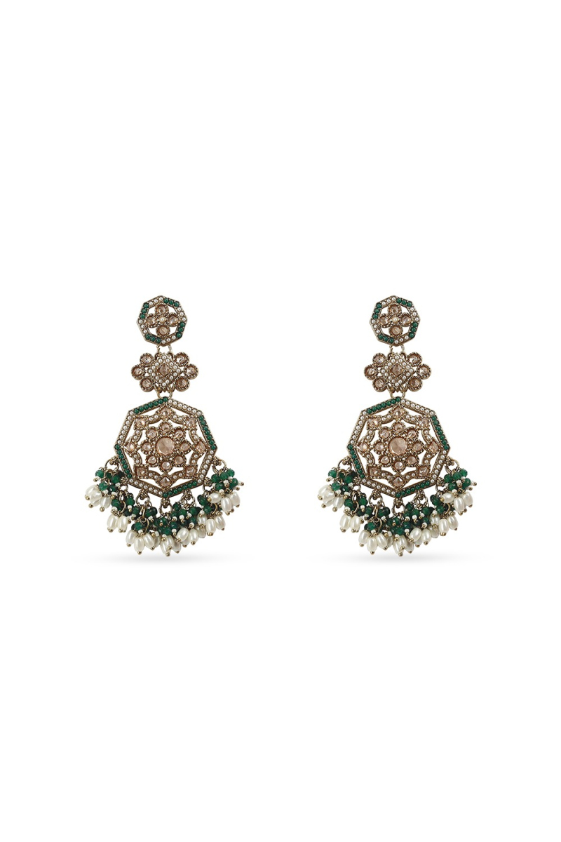 Bottle Green Stone Dangle Earrings With Gold-Plated Finish
