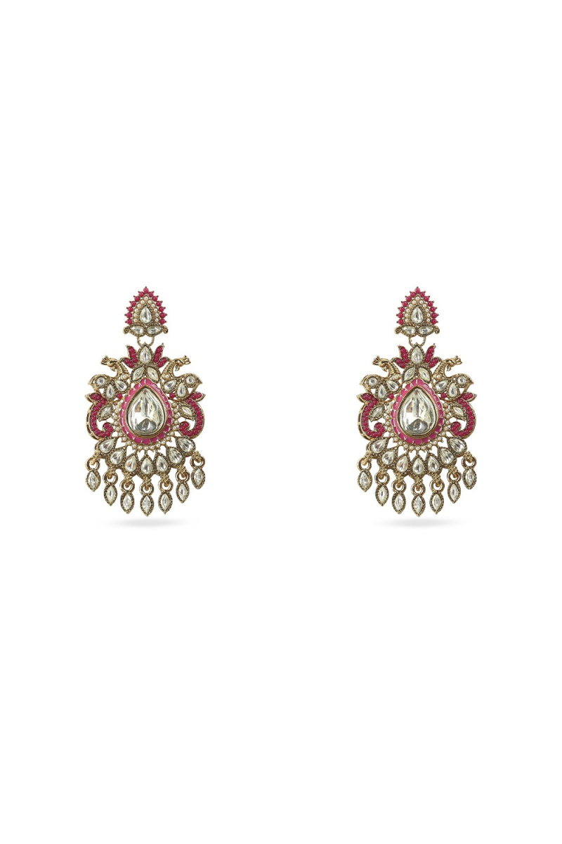 Dark Pink Kundan Work Earrings with Gold-Plated Finish
